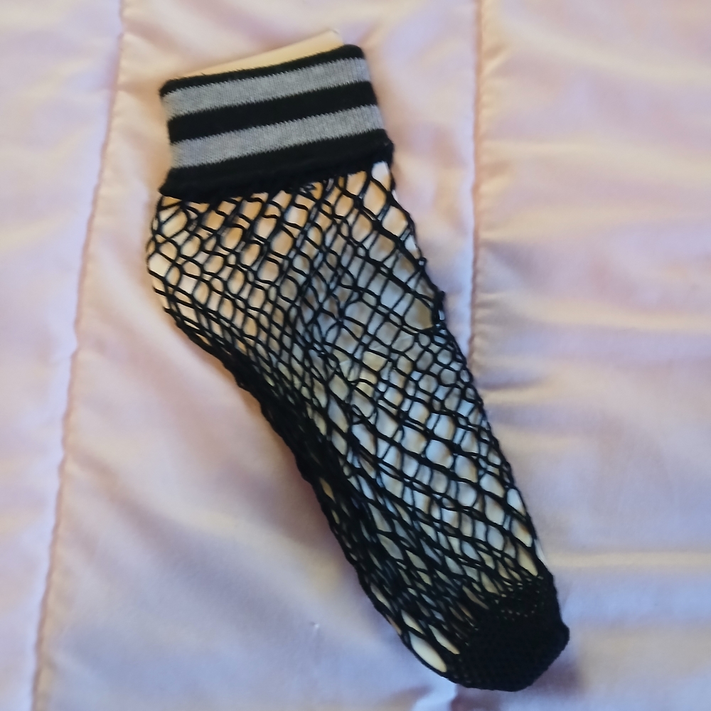 Black Fishnet Ankle Socks with Gray Stripe Cuff -